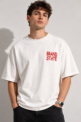 Man wearing a white t-shirt with 'BRAND STATE' in red text against a gray background