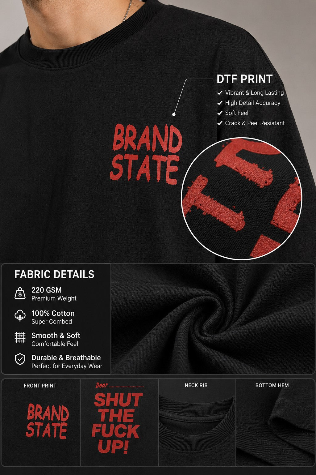 Black t-shirt with red text and fabric details displayed