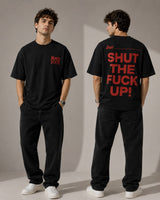 Man wearing a black t-shirt with red text, front and back views, on a plain background.