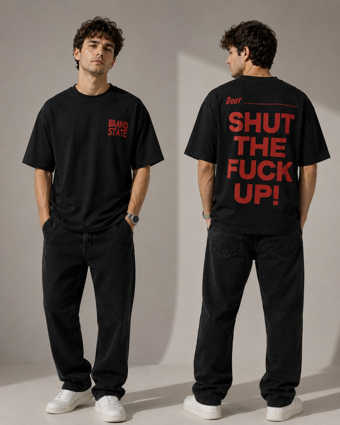 Man wearing a black t-shirt with red text, front and back views, on a plain background.
