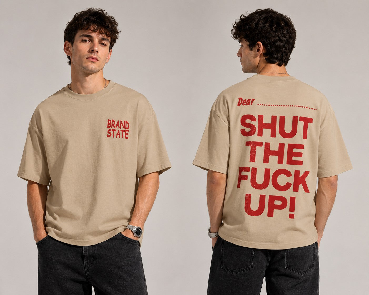 Person wearing a beige t-shirt with red text on front and back, standing against a plain background.