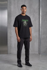 Black oversized tshirt with Avengers green Doomsday villain face on front and hooded DOOM figure on back, drop shoulder boxy fit, men India