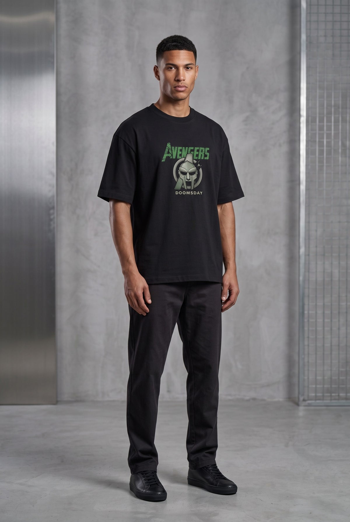 Black oversized tshirt with Avengers green Doomsday villain face on front and hooded DOOM figure on back, drop shoulder boxy fit, men India
