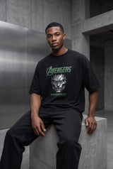 Black oversized tshirt with Avengers green Doomsday villain face on front and hooded DOOM figure on back, drop shoulder boxy fit, men India