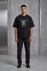 Black oversized tshirt with Avengers green Doomsday villain face on front and hooded DOOM figure on back, drop shoulder boxy fit, men India