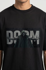 Black oversized tshirt with DOOM green text on front and hooded skull villain back print, drop shoulder boxy fit, men India
