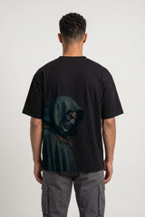 Black oversized tshirt with DOOM green text on front and hooded skull villain back print, drop shoulder boxy fit, men India