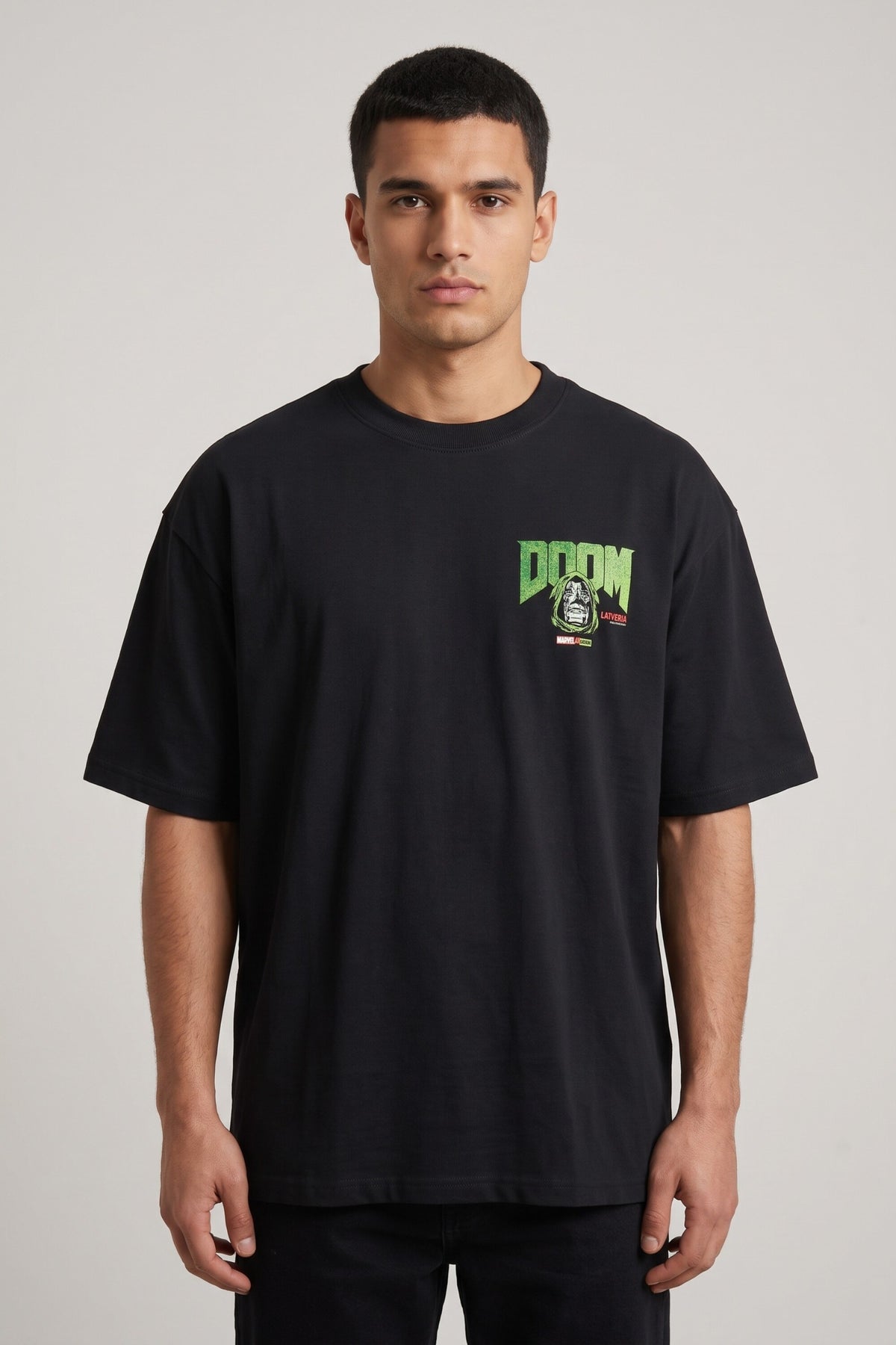 Black oversized tshirt with bold green DOOM text and Dr Doom metallic mask face on back, drop shoulder boxy fit, men India - doom design shot 3