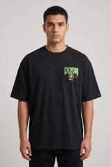 Black oversized tshirt with bold green DOOM text and Dr Doom metallic mask face on back, drop shoulder boxy fit, men India - doom design shot 3