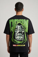 Black oversized tshirt with bold green DOOM text and Dr Doom metallic mask face on back, drop shoulder boxy fit, men India - doom design shot 4