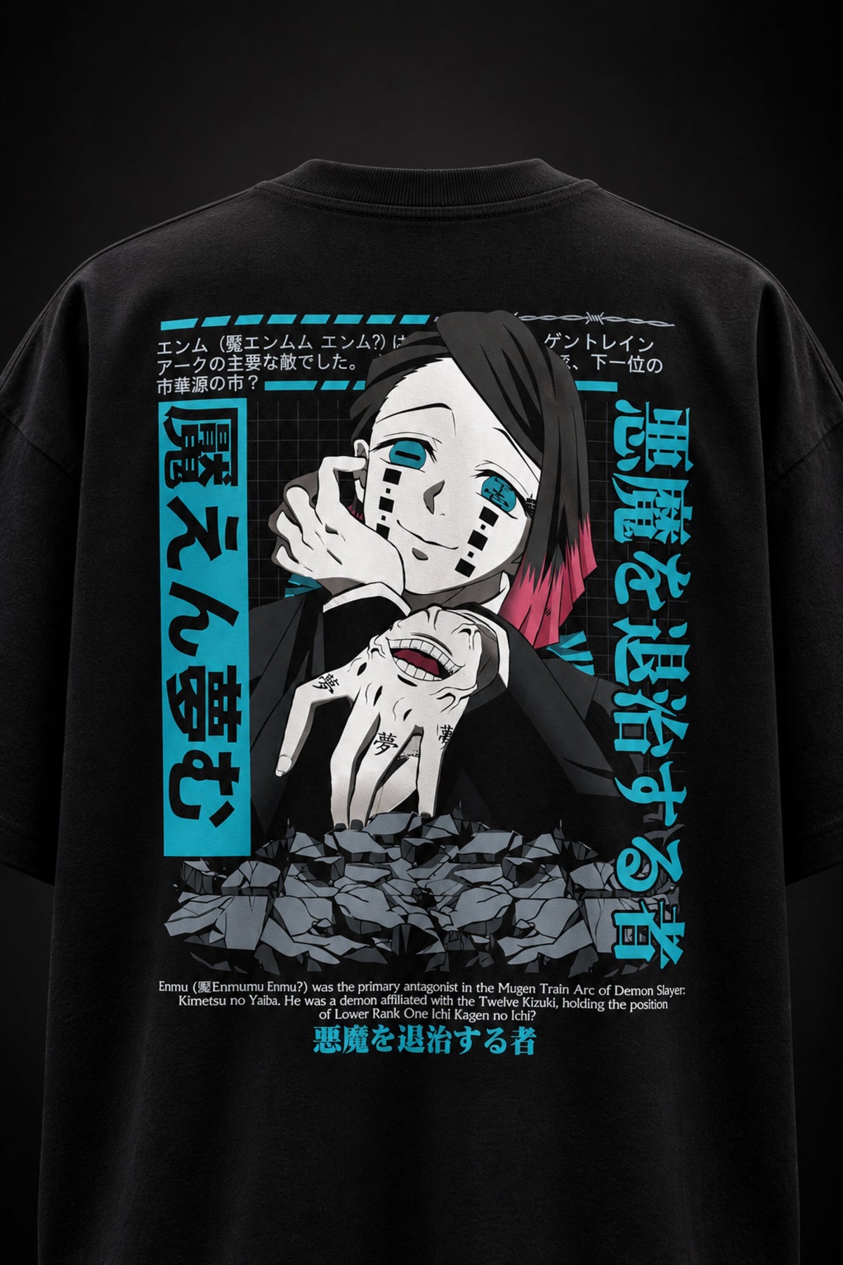 Black Demon Slayer anime oversized tshirt with Enmu Lower Moon One character HD print and teal Japanese text panels