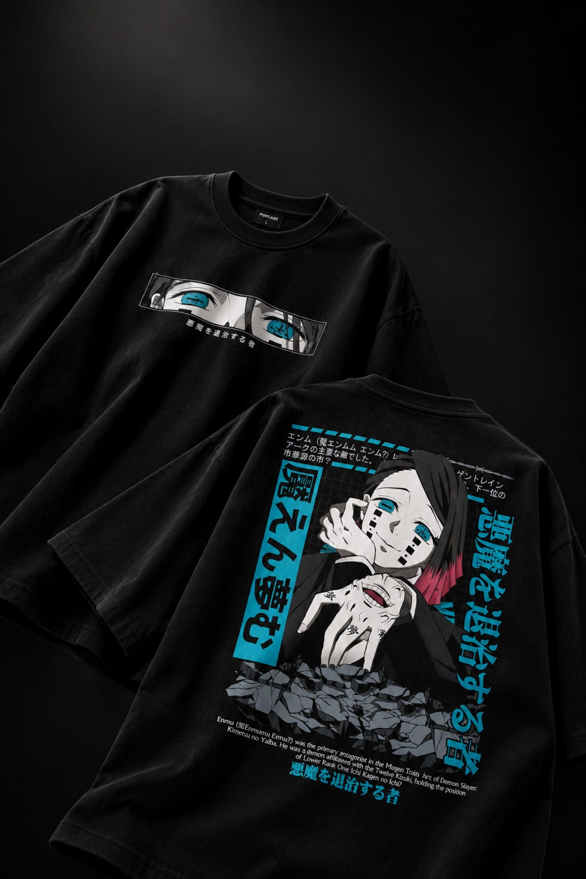 Black Demon Slayer anime oversized tshirt with Enmu Lower Moon One character HD print and teal Japanese text panels