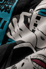 Black Demon Slayer anime oversized tshirt with Enmu Lower Moon One character HD print and teal Japanese text panels