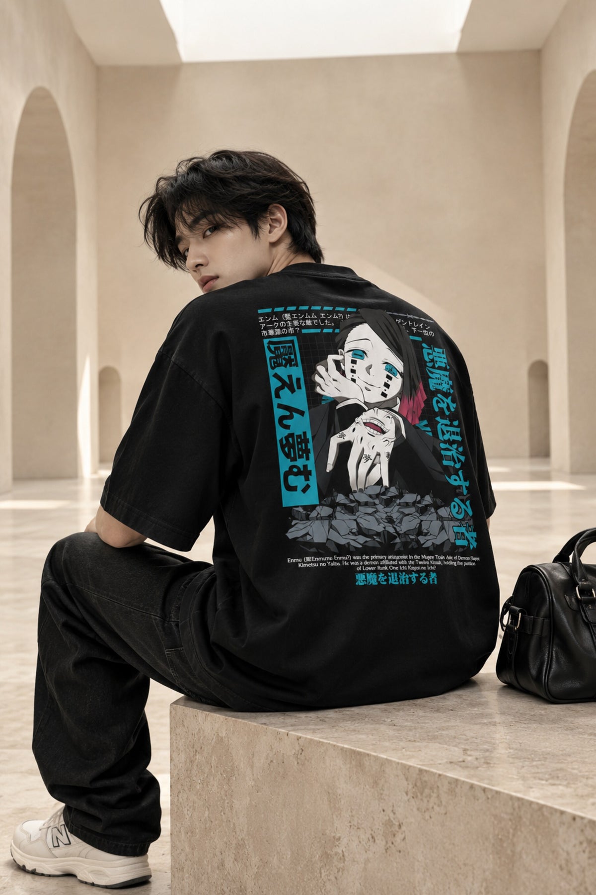 Black Demon Slayer anime oversized tshirt with Enmu Lower Moon One character HD print and teal Japanese text panels