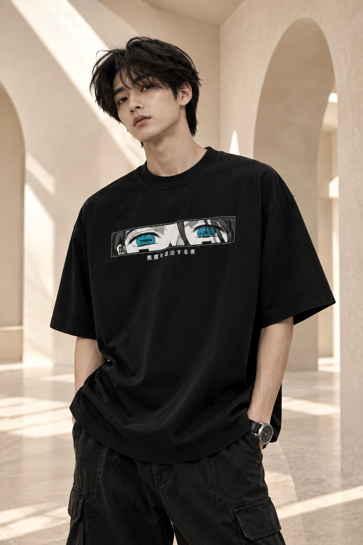 Black Demon Slayer anime oversized tshirt with Enmu Lower Moon One character HD print and teal Japanese text panels