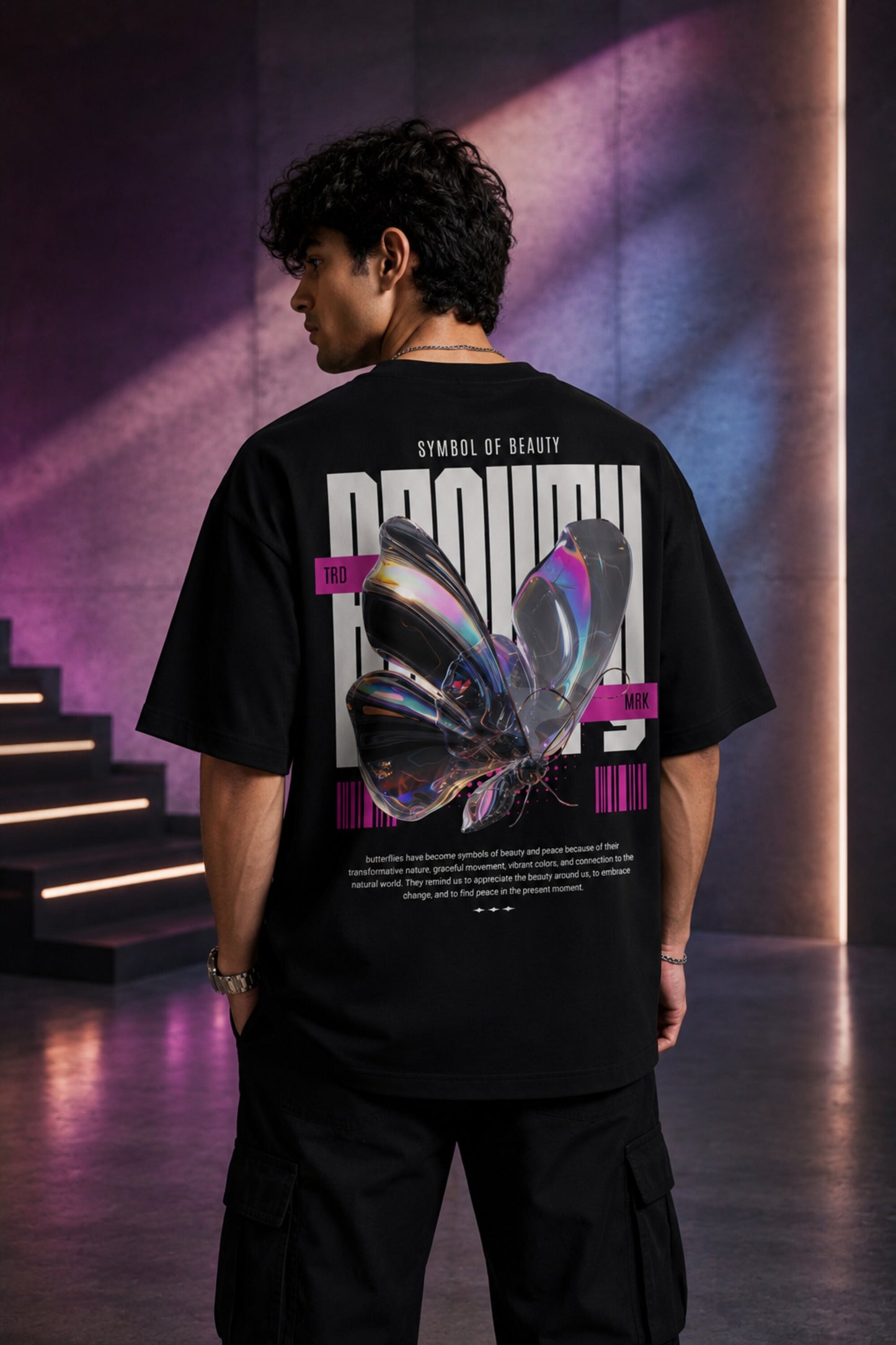 White black unisex oversized t shirt 3D holographic butterfly Symbol of Beauty Growth back graphic pink barcode POPCASE aesthetic tee
