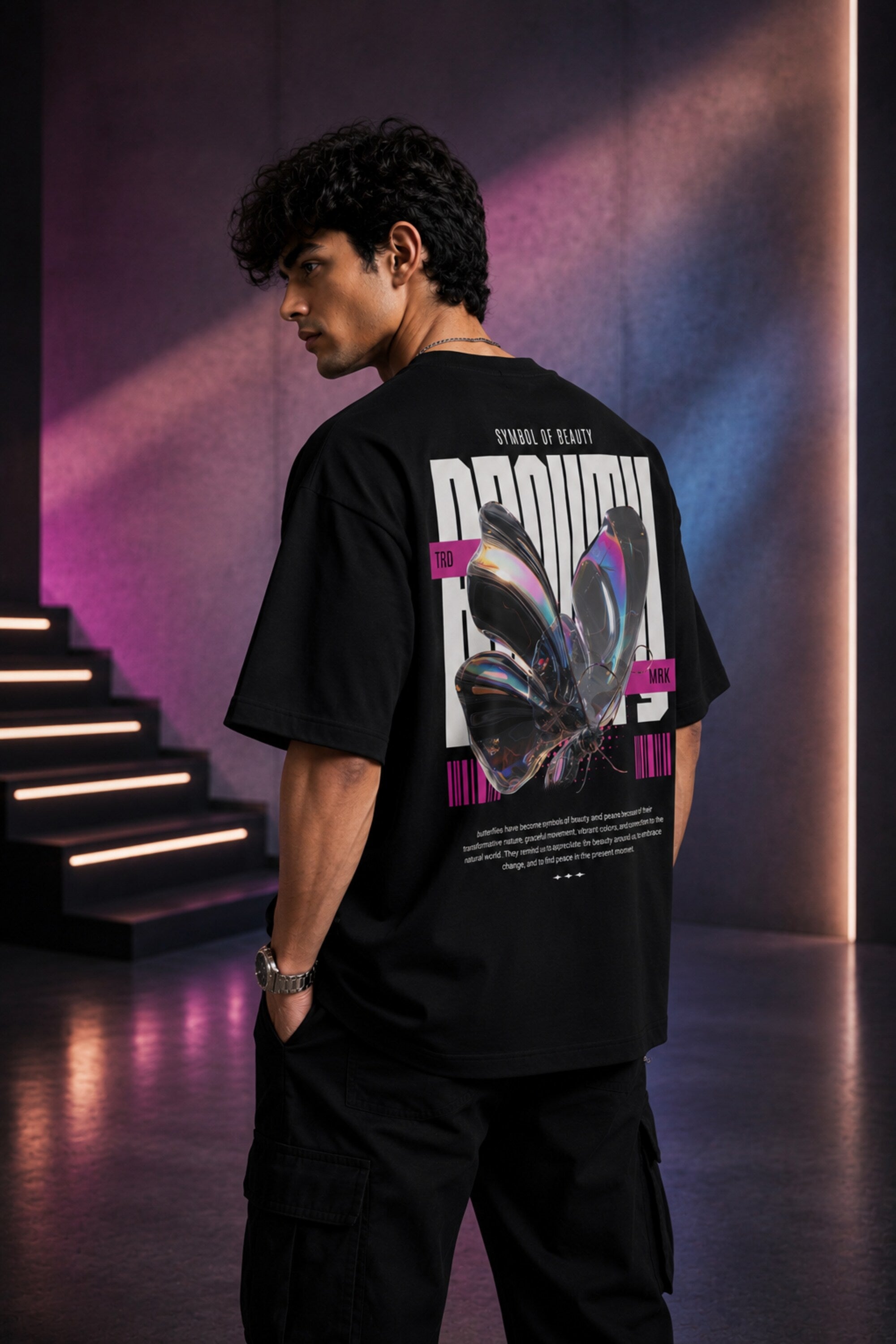 White black unisex oversized t shirt 3D holographic butterfly Symbol of Beauty Growth back graphic pink barcode POPCASE aesthetic tee