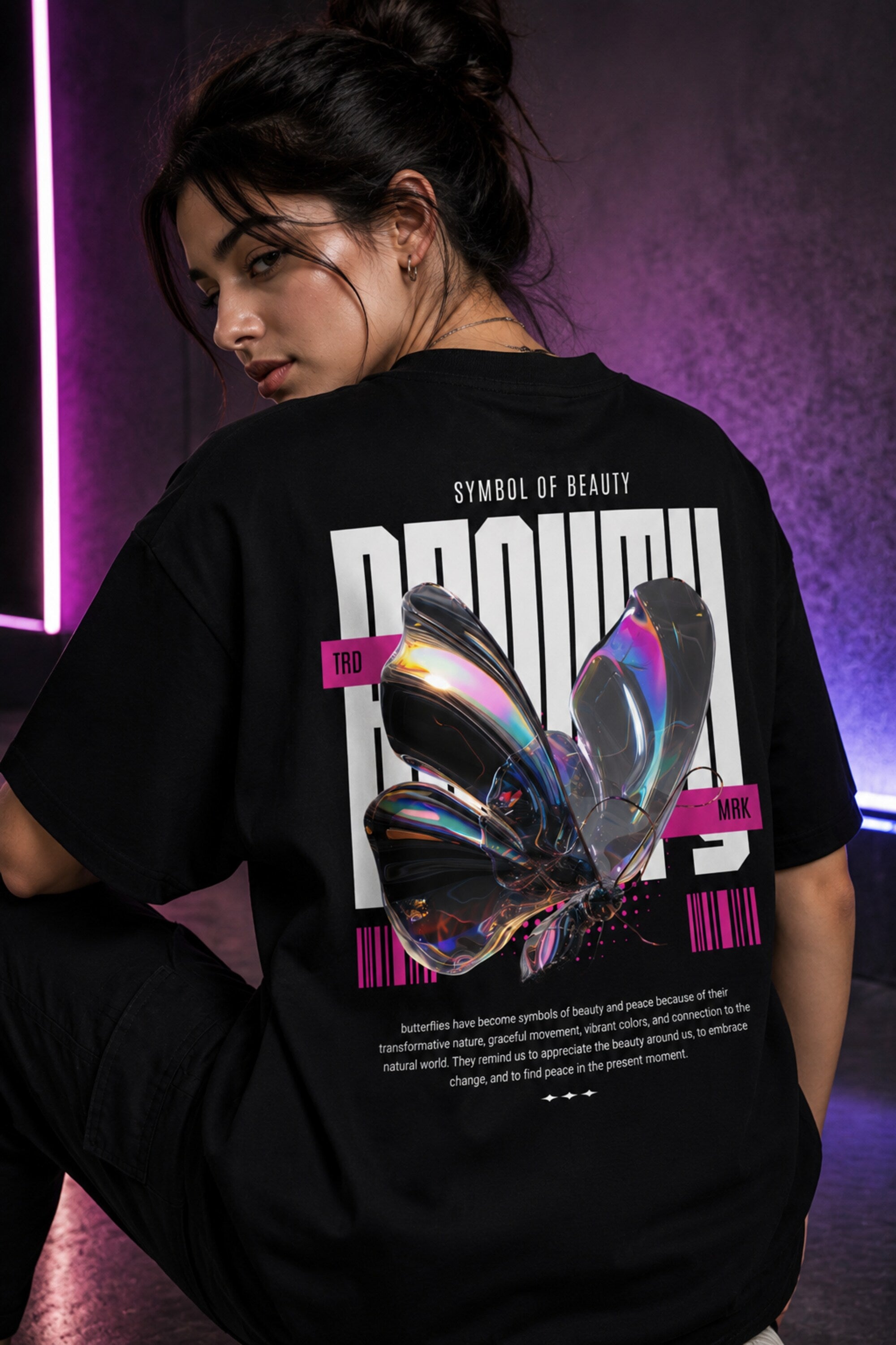 White black unisex oversized t shirt 3D holographic butterfly Symbol of Beauty Growth back graphic pink barcode POPCASE aesthetic tee