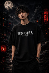 Black oversized tshirt with Shingeki no Kyojin Japanese kanji and Eren Yeager text print from Attack on Titan anime - black