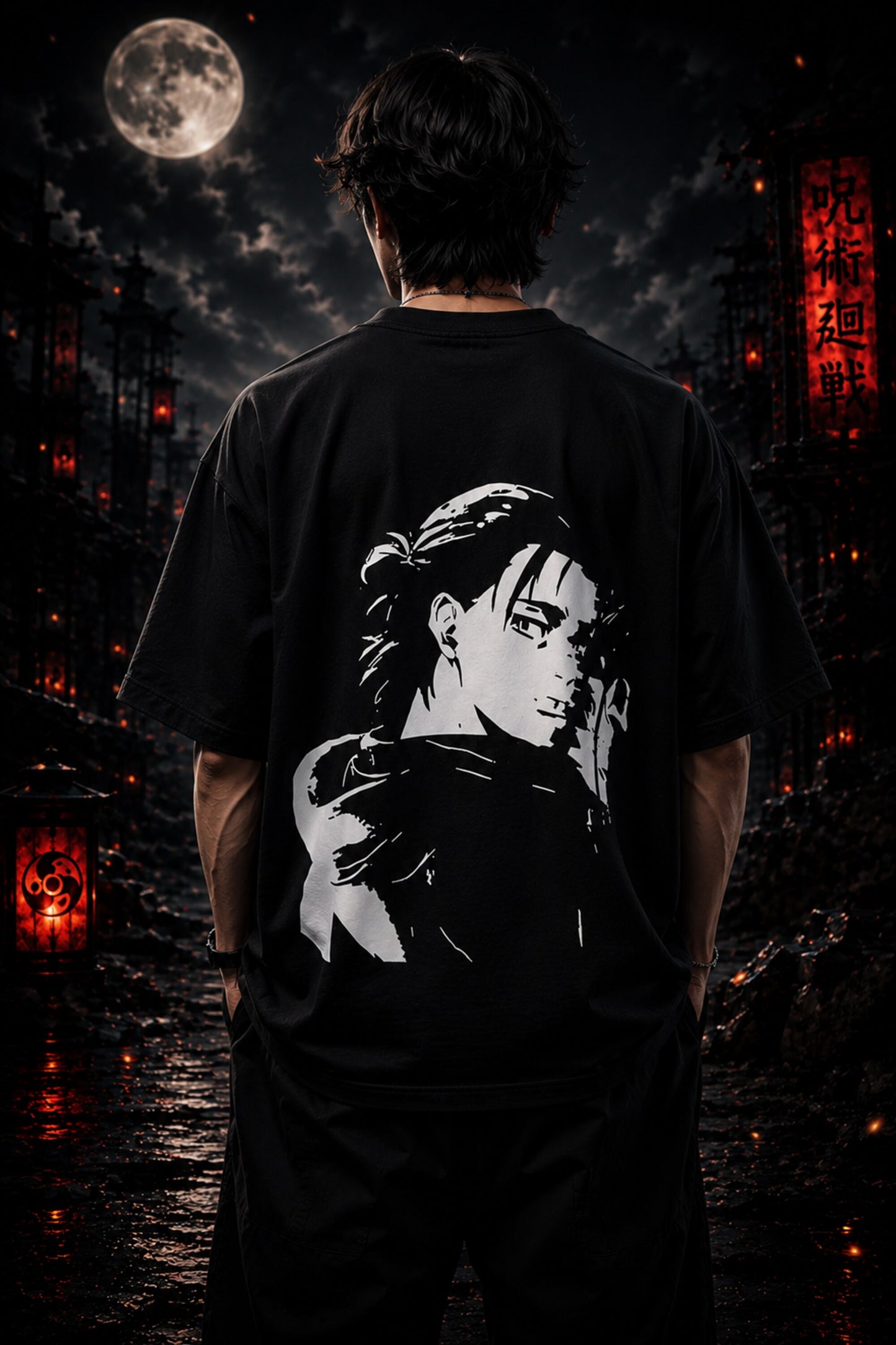Black oversized tshirt with Shingeki no Kyojin Japanese kanji and Eren Yeager text print from Attack on Titan anime