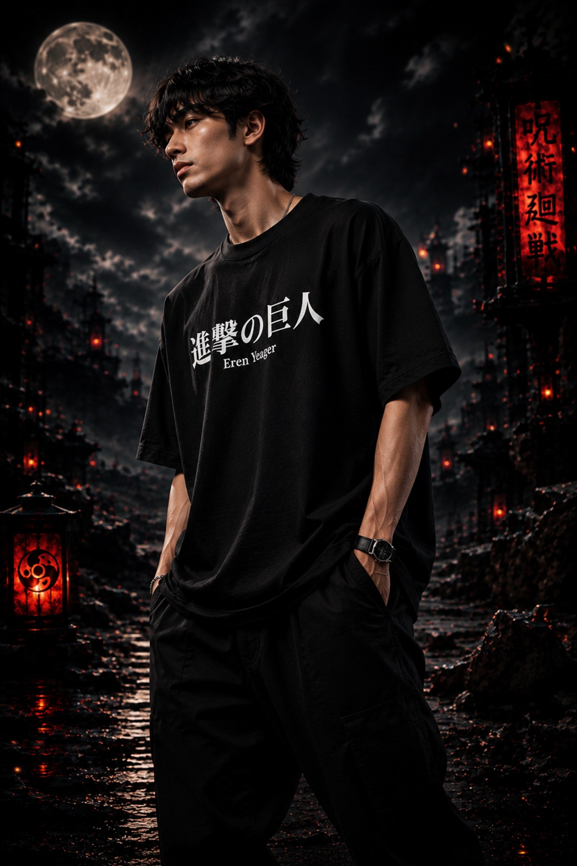 Black oversized tshirt with Shingeki no Kyojin Japanese kanji and Eren Yeager text print from Attack on Titan anime