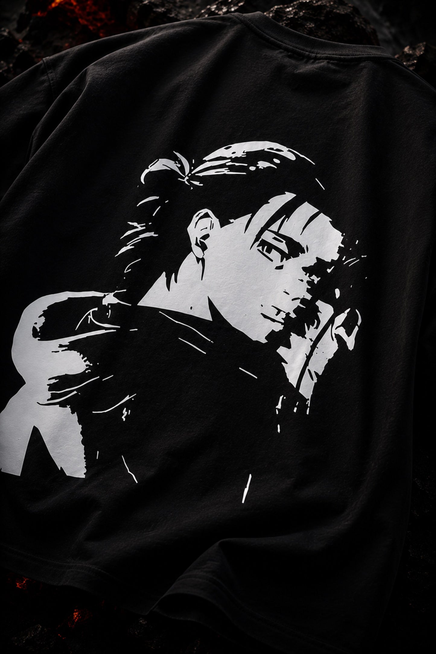 Black oversized tshirt with Shingeki no Kyojin Japanese kanji and Eren Yeager text print from Attack on Titan anime