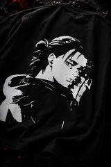 Black oversized tshirt with Shingeki no Kyojin Japanese kanji and Eren Yeager text print from Attack on Titan anime