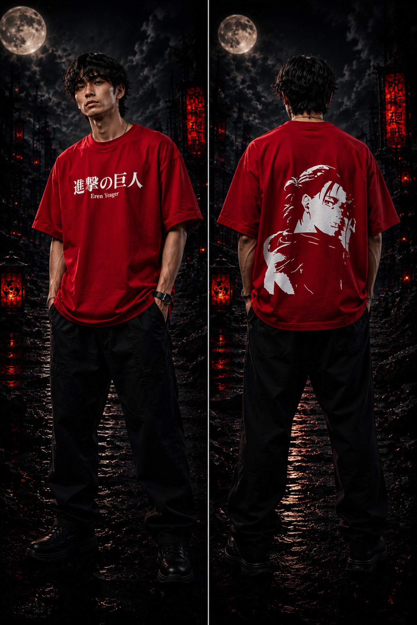 Black oversized tshirt with Shingeki no Kyojin Japanese kanji and Eren Yeager text print from Attack on Titan anime - red