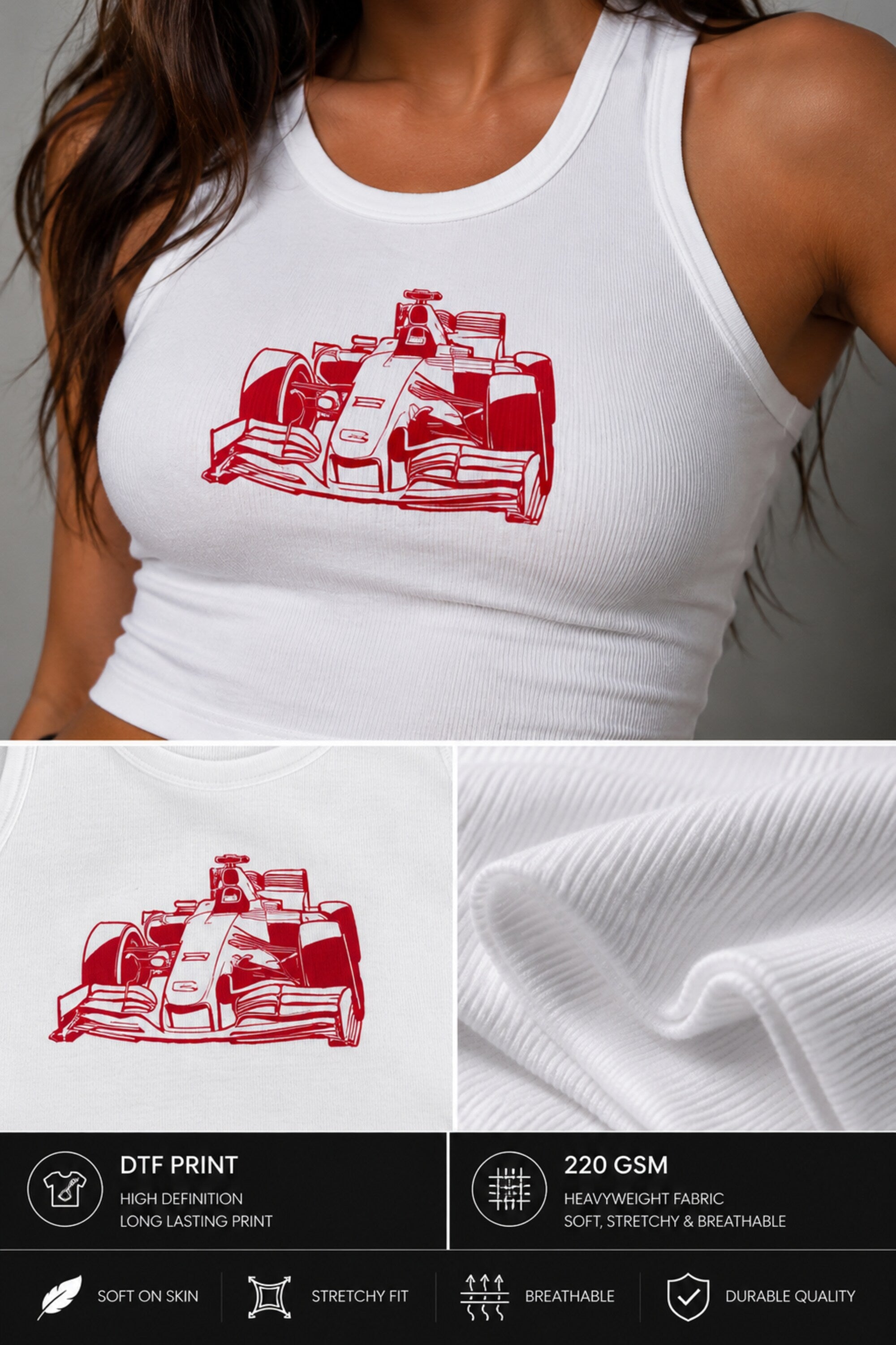 White ribbed tank top with large red F1 formula one racing car front view graphic DTF print 220 GSM motorsport streetwear