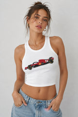 White ribbed crop tank top with graffiti street art red Ferrari F1 car number 16 side profile print 220 GSM DTF Y2K aesthetic - white