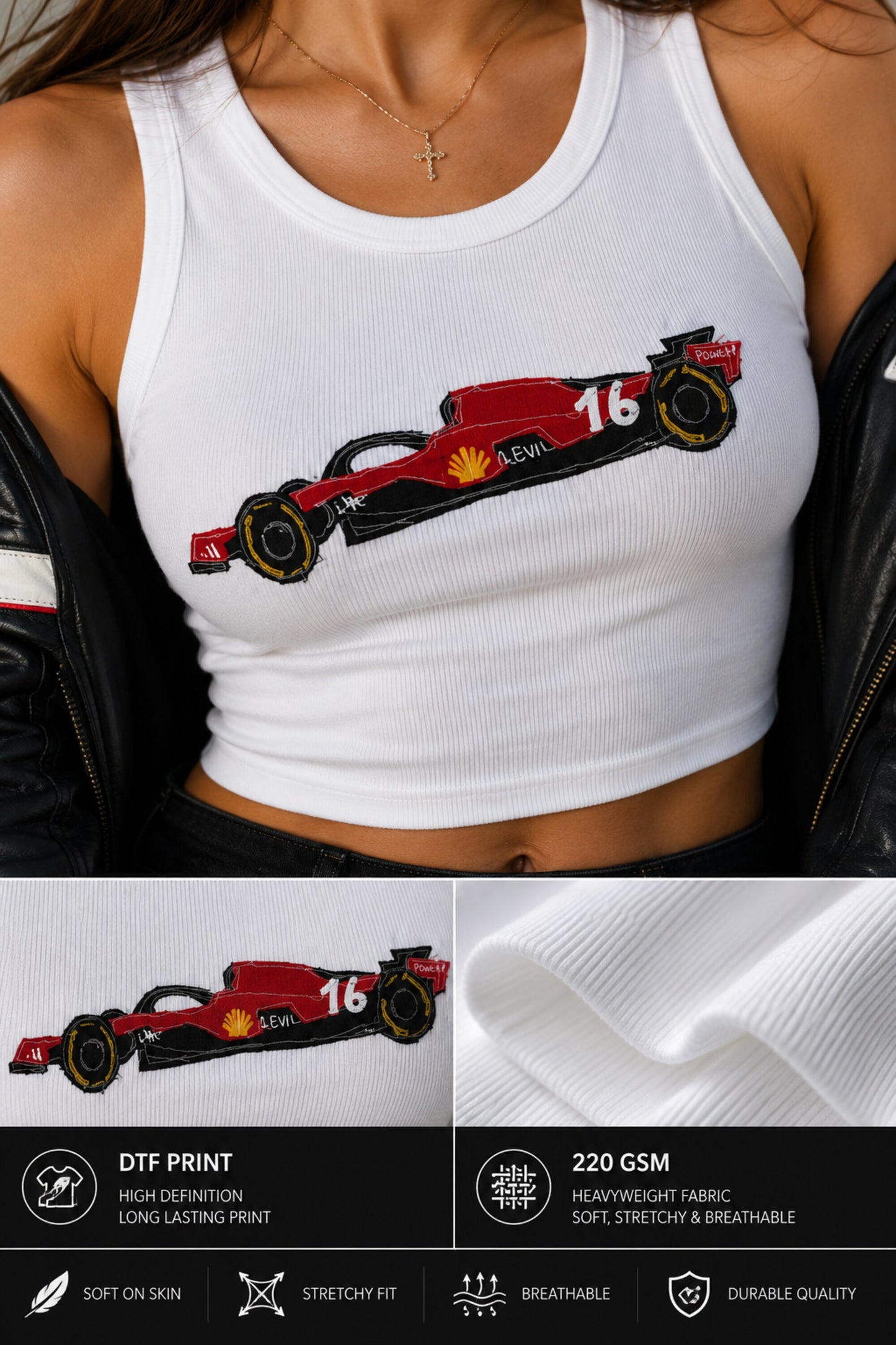 White ribbed crop tank top with graffiti street art red Ferrari F1 car number 16 side profile print 220 GSM DTF Y2K aesthetic