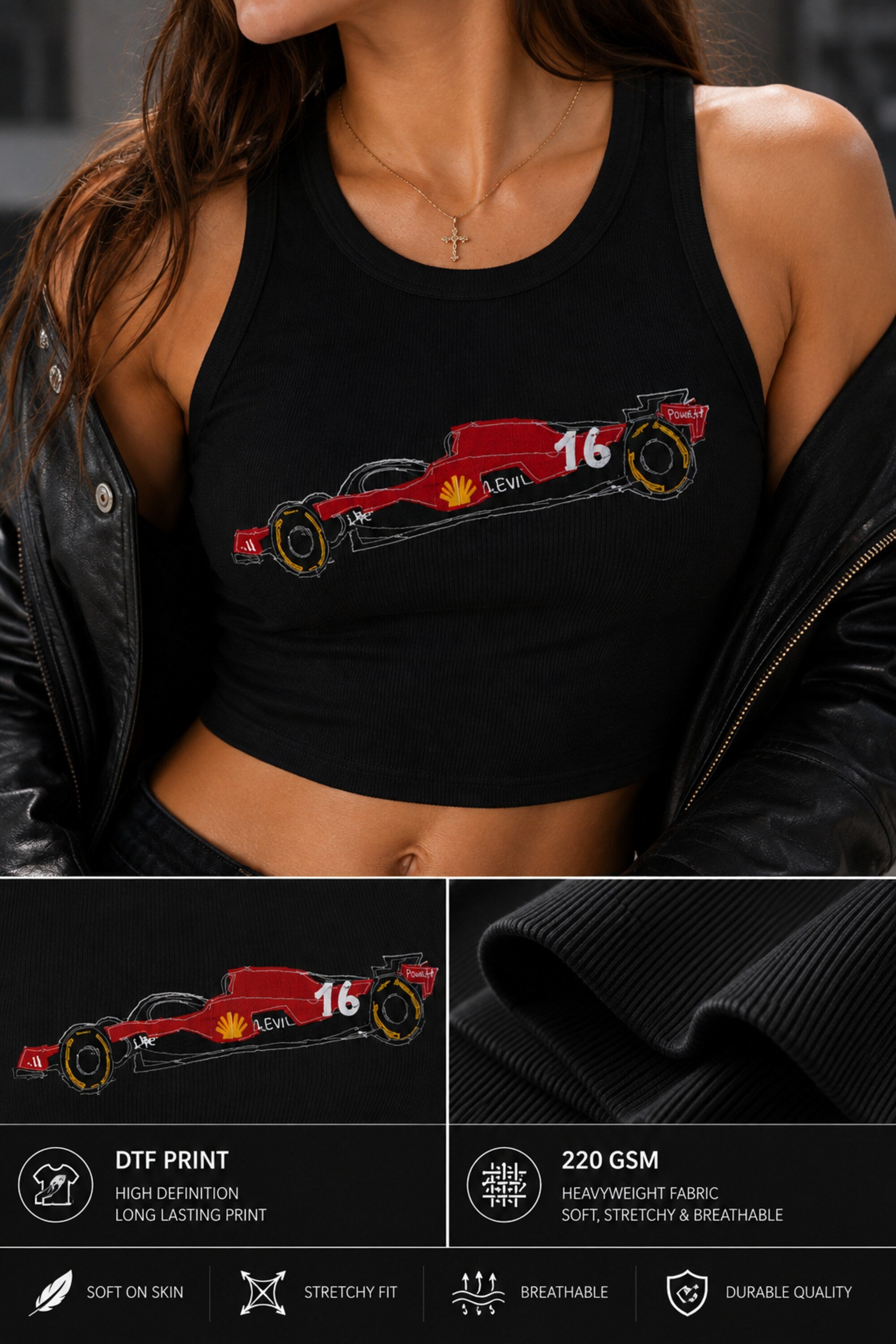 White ribbed crop tank top with graffiti street art red Ferrari F1 car number 16 side profile print 220 GSM DTF Y2K aesthetic - black