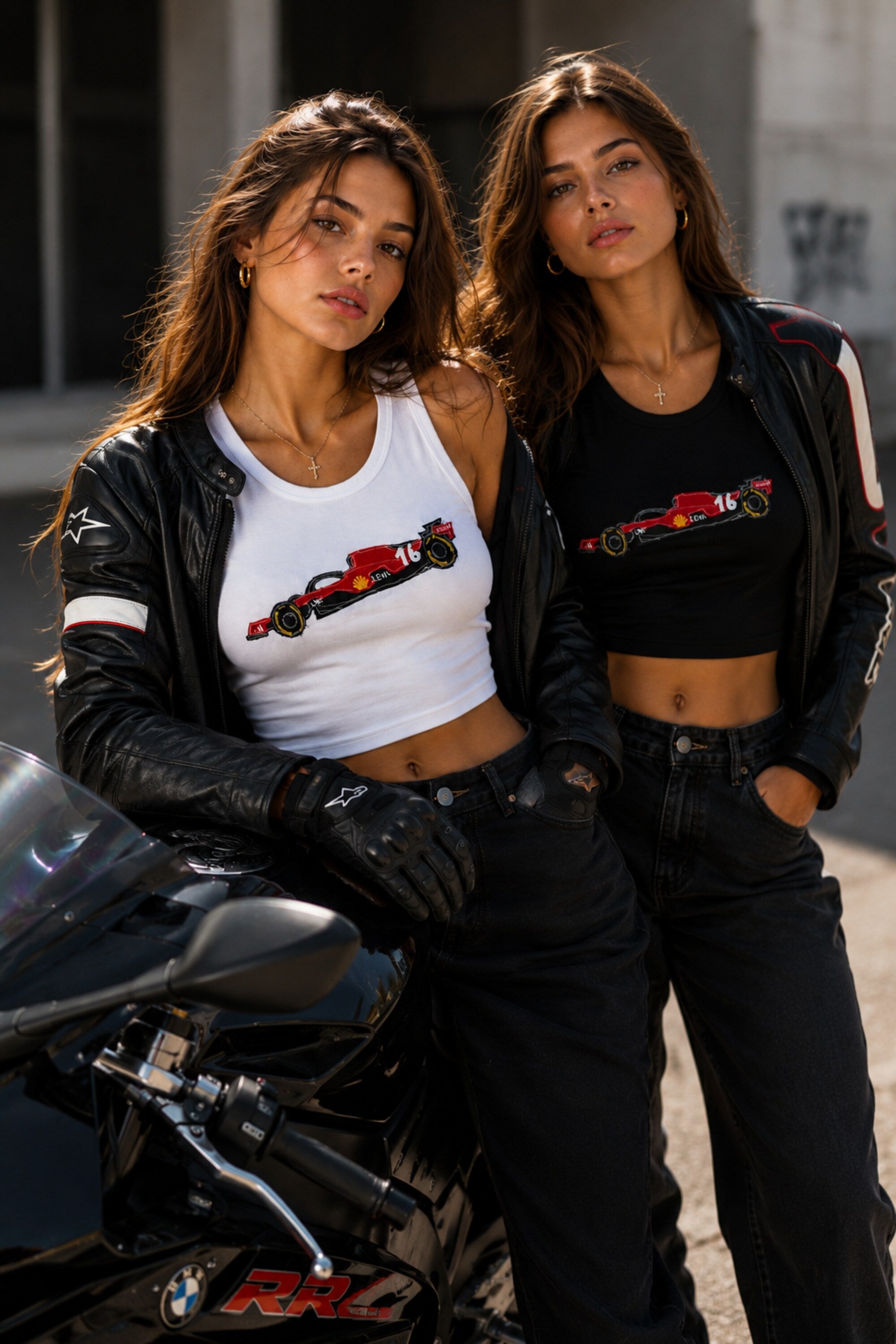 White ribbed crop tank top with graffiti street art red Ferrari F1 car number 16 side profile print 220 GSM DTF Y2K aesthetic
