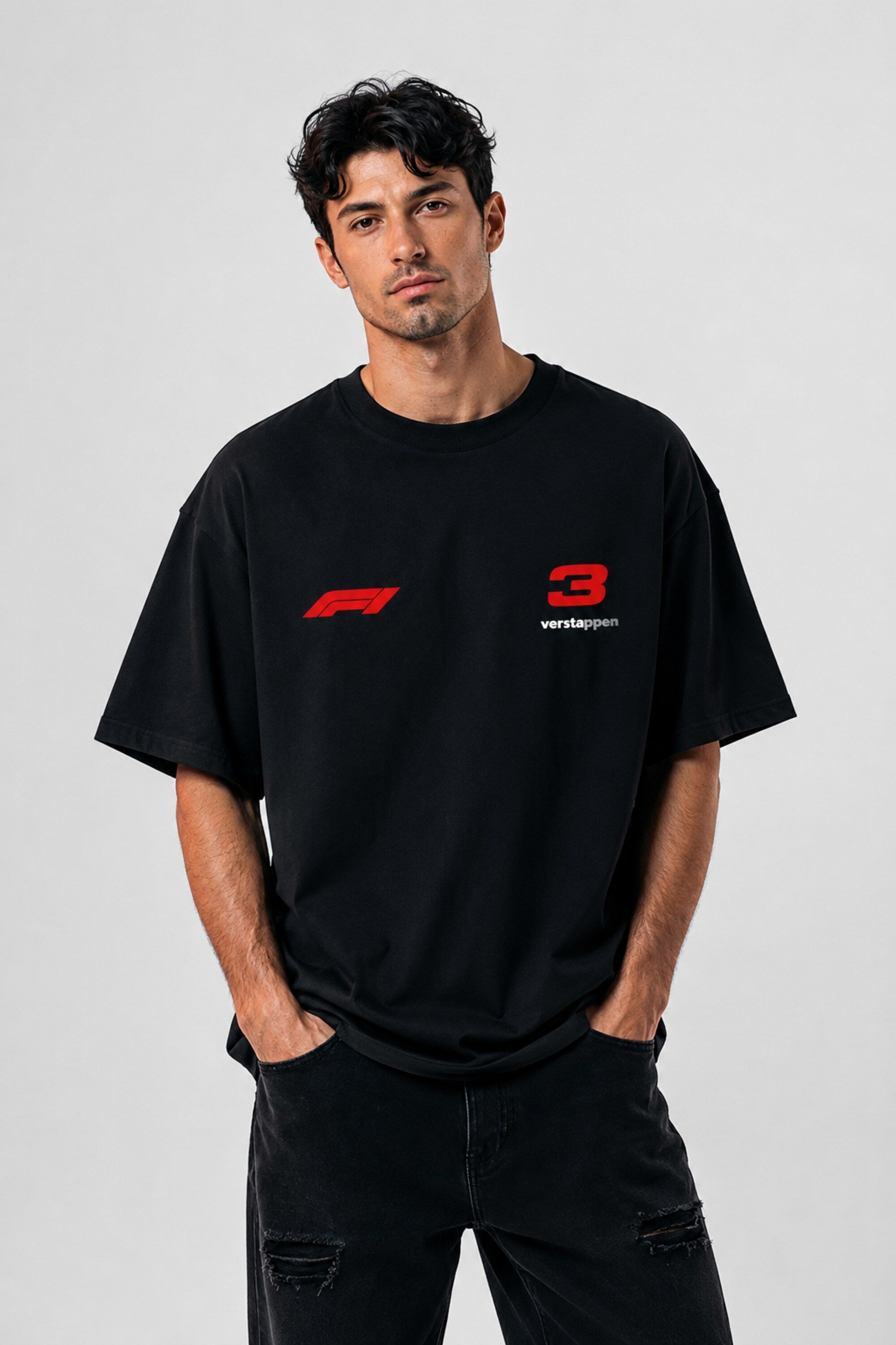 POPCASE black oversized t shirt red F1 logo number 3 Verstappen chest graphic racing streetwear tshirt premium cotton