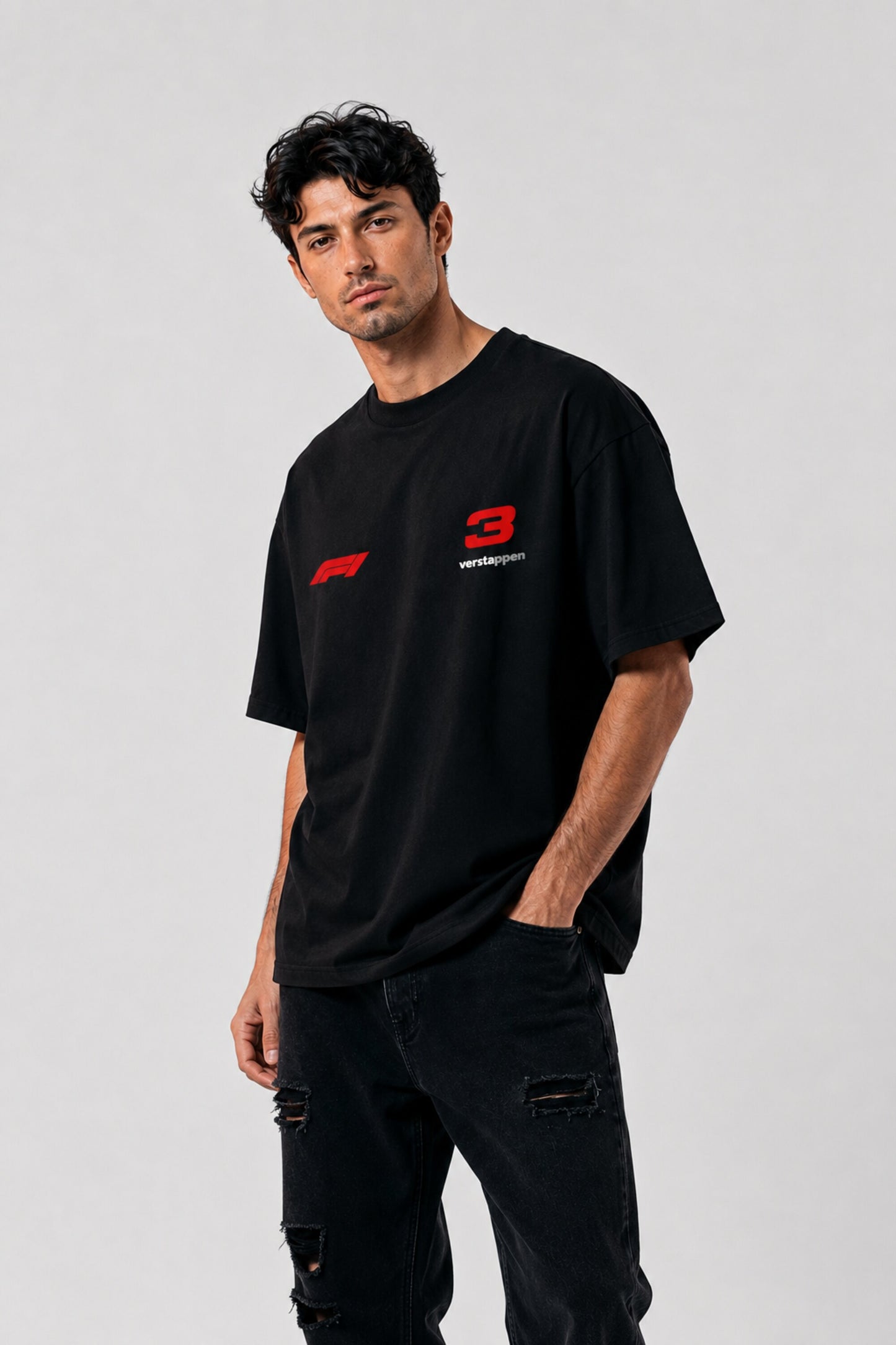 POPCASE black oversized t shirt red F1 logo number 3 Verstappen chest graphic racing streetwear tshirt premium cotton