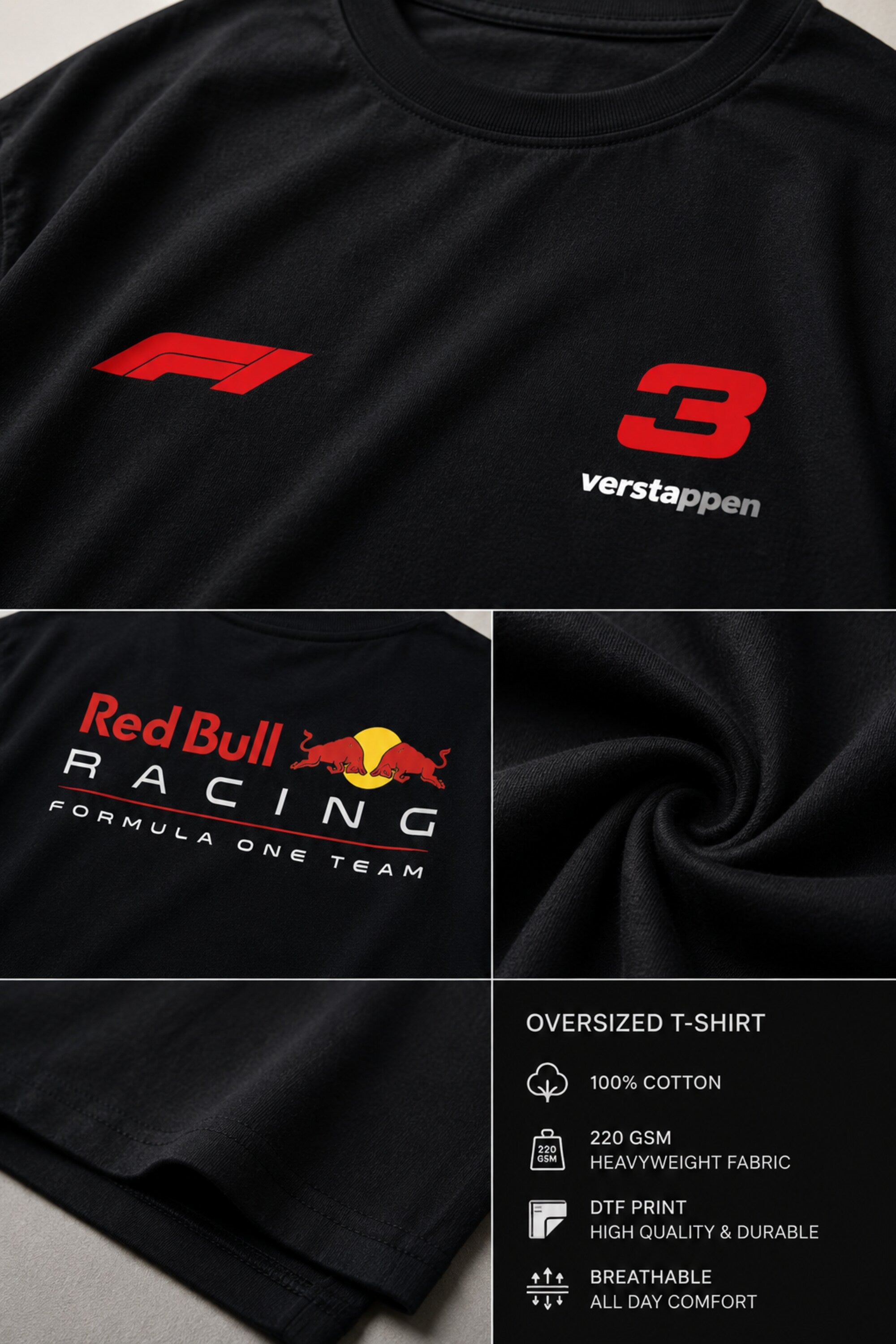 POPCASE black oversized t shirt red F1 logo number 3 Verstappen chest graphic racing streetwear tshirt premium cotton
