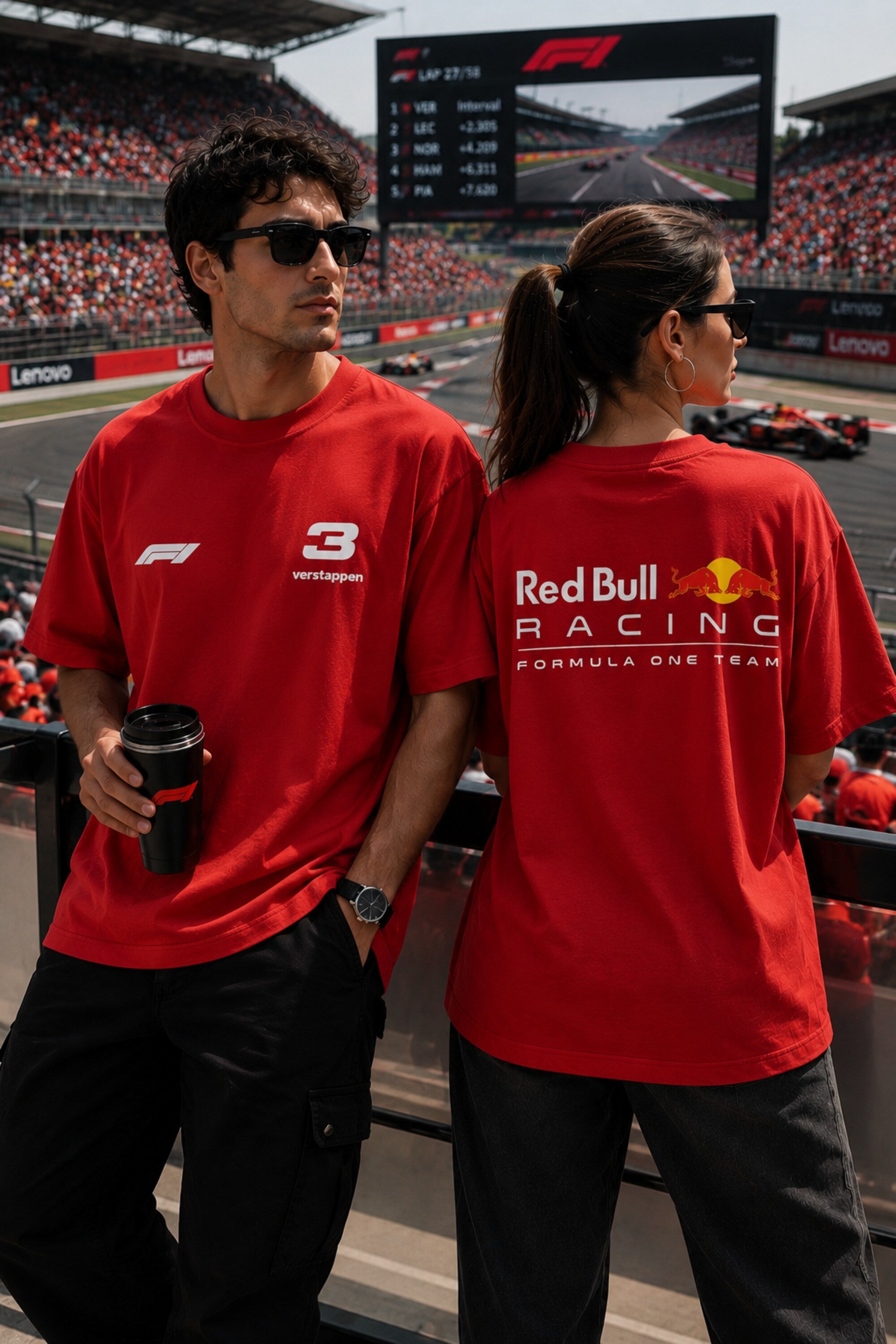 POPCASE black oversized t shirt red F1 logo number 3 Verstappen chest graphic racing streetwear tshirt premium cotton - red