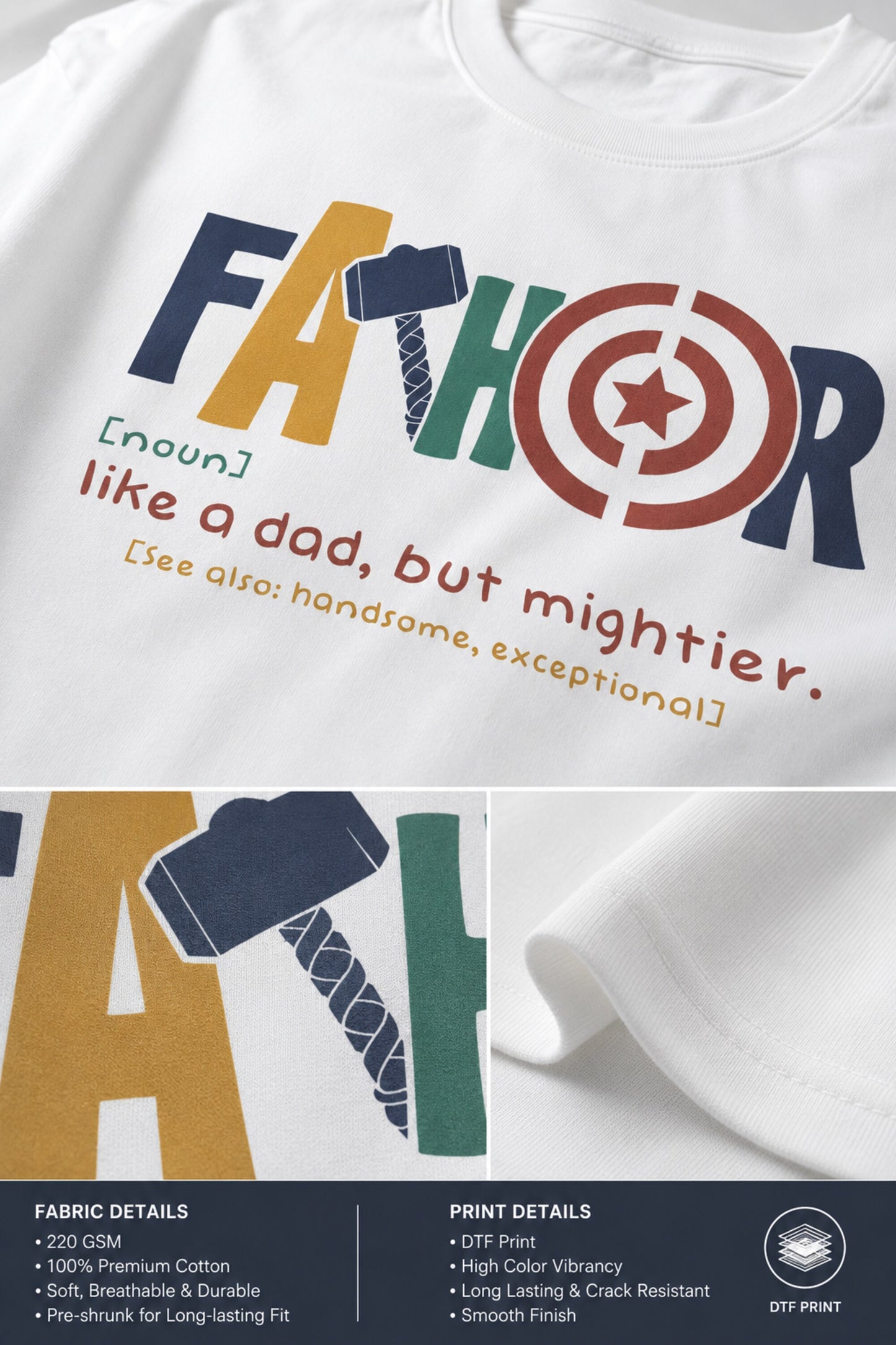 Man wearing a white oversized FAKR t-shirt with a graphic design of the word "Fakr" integrated with superhero symbols, on a plain gray background.