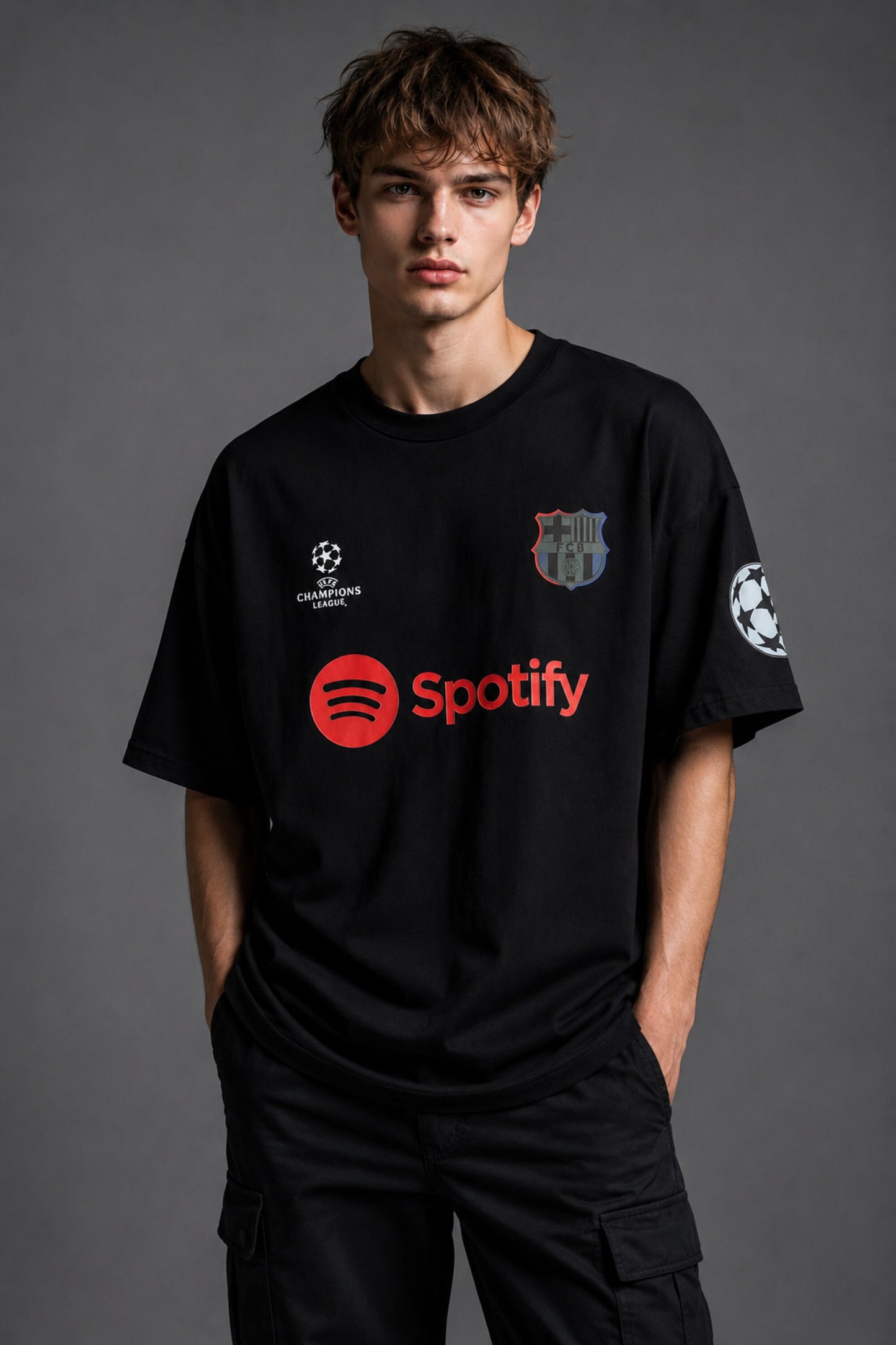 POPCASE black FCB Barcelona UEFA Champions League Spotify graphic oversized t shirt football jersey style streetwear tshirt