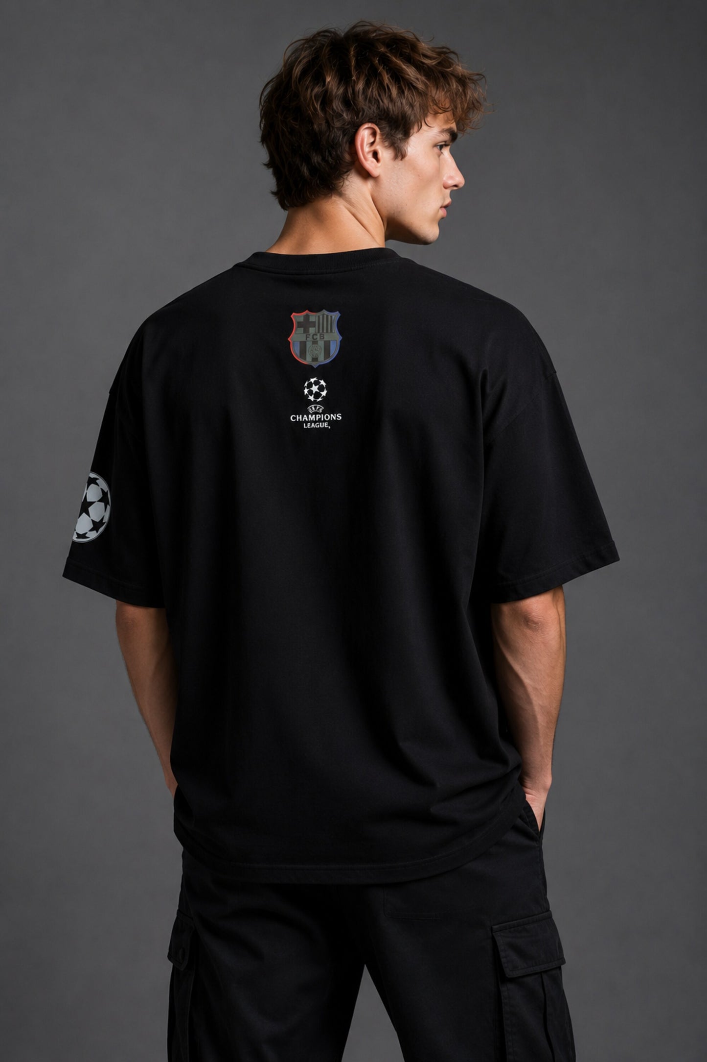 POPCASE black FCB Barcelona UEFA Champions League Spotify graphic oversized t shirt football jersey style streetwear tshirt