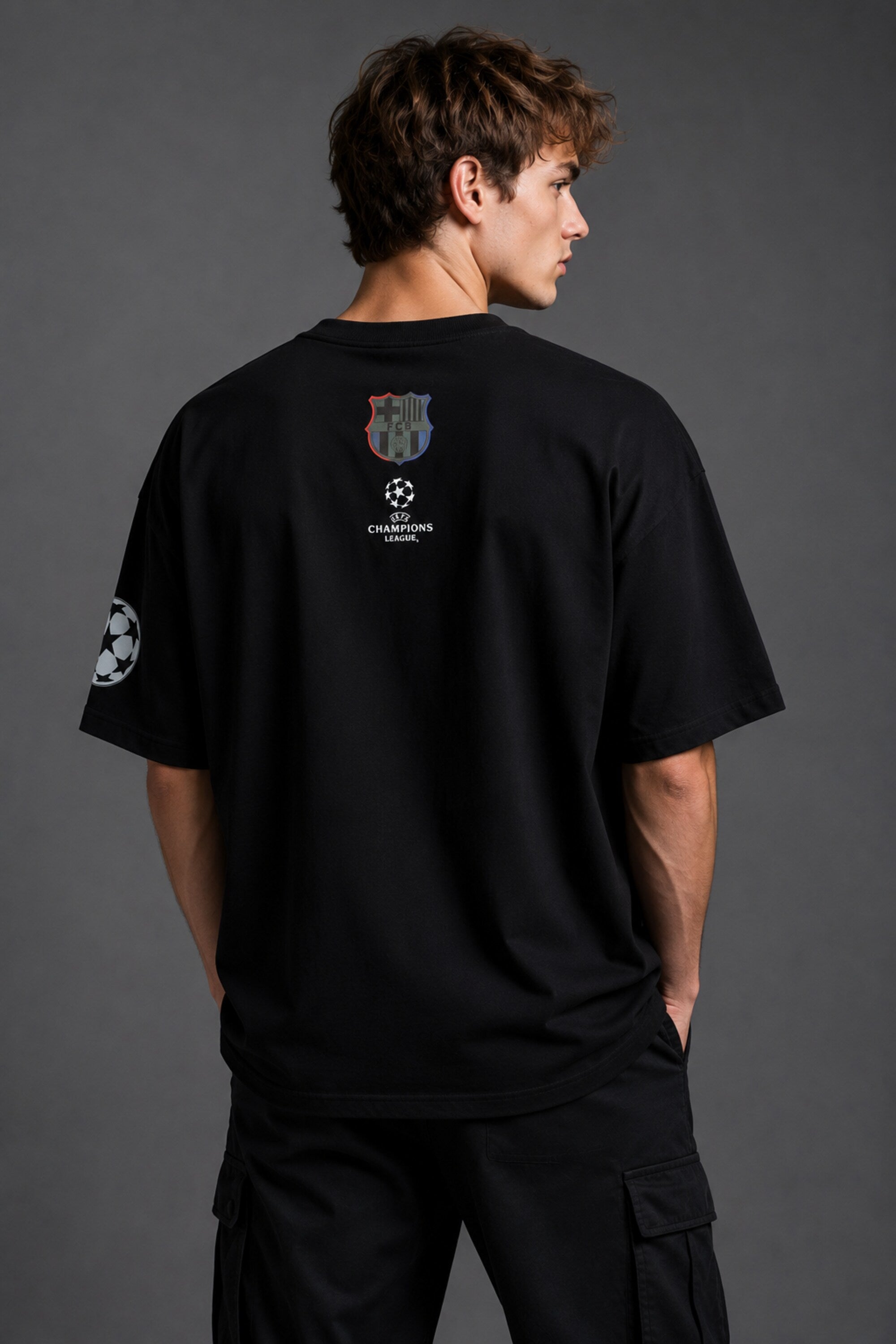 POPCASE black FCB Barcelona UEFA Champions League Spotify graphic oversized t shirt football jersey style streetwear tshirt