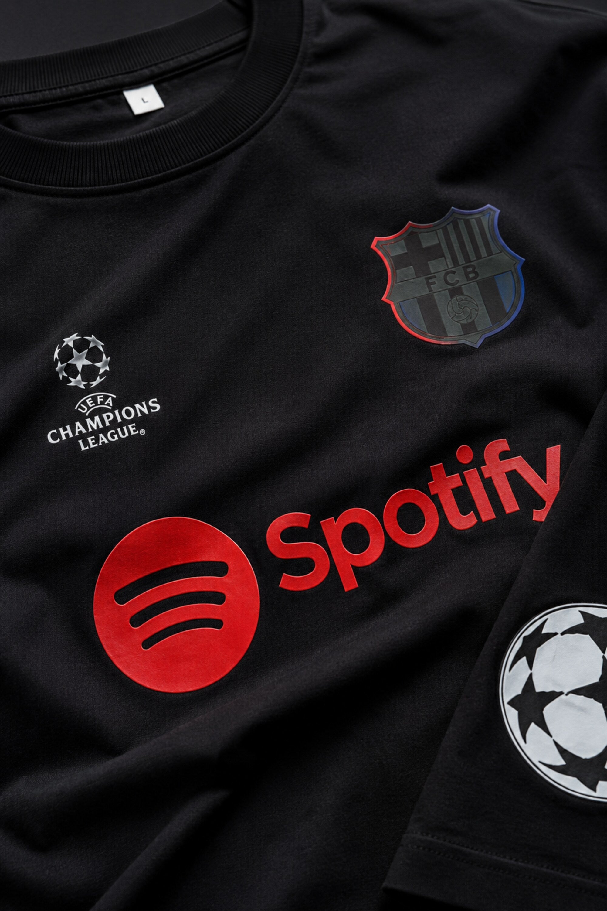 POPCASE black FCB Barcelona UEFA Champions League Spotify graphic oversized t shirt football jersey style streetwear tshirt