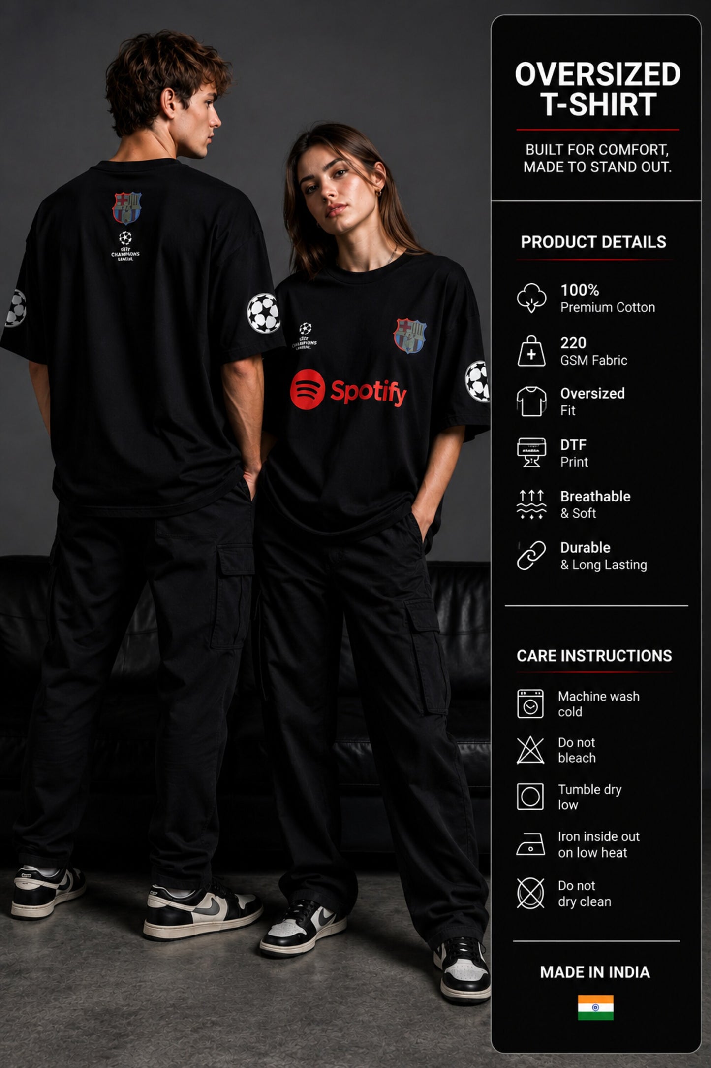 POPCASE black FCB Barcelona UEFA Champions League Spotify graphic oversized t shirt football jersey style streetwear tshirt