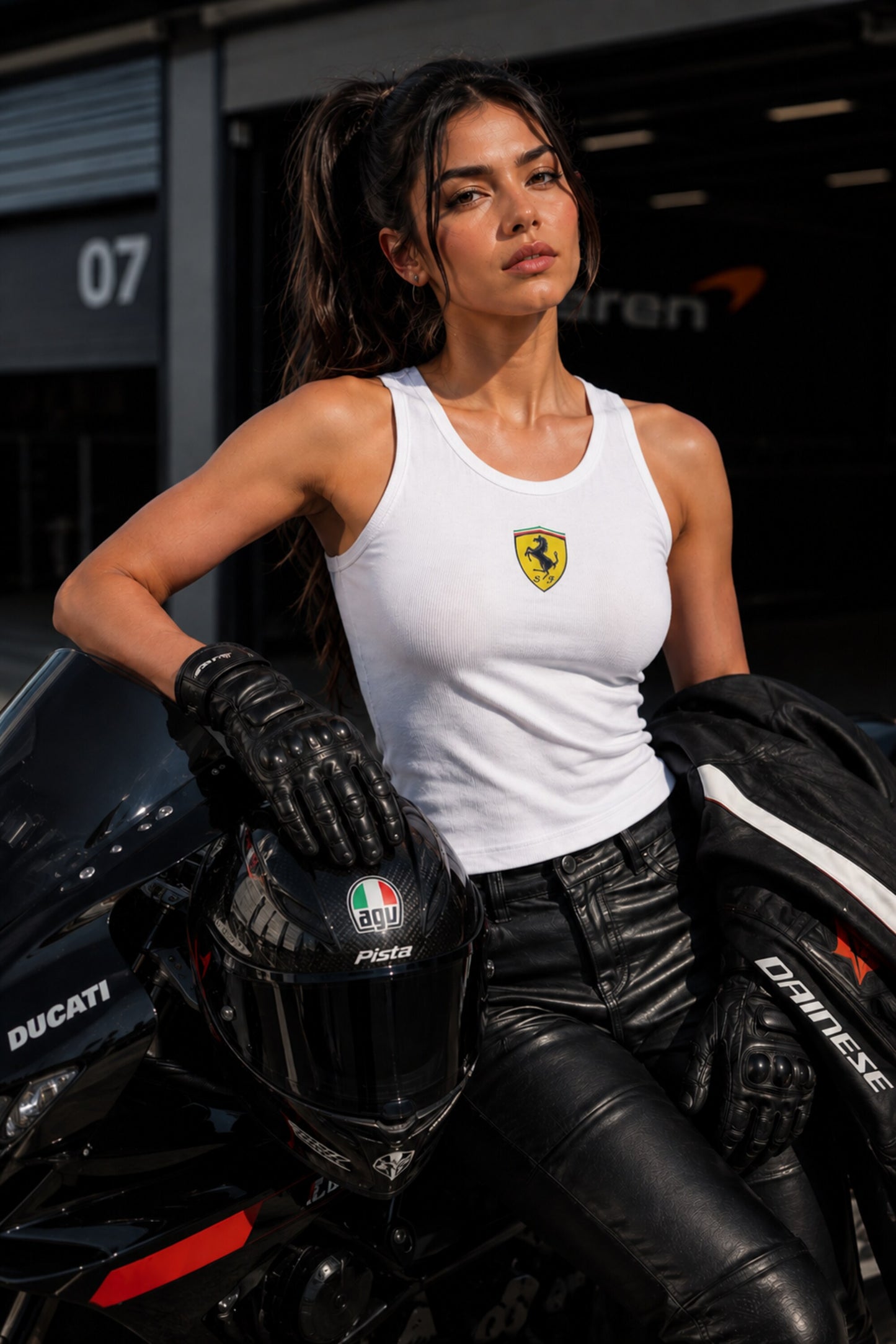 White ribbed body fit tank top with small Scuderia Ferrari prancing horse yellow shield logo on chest minimal premium cotton blend