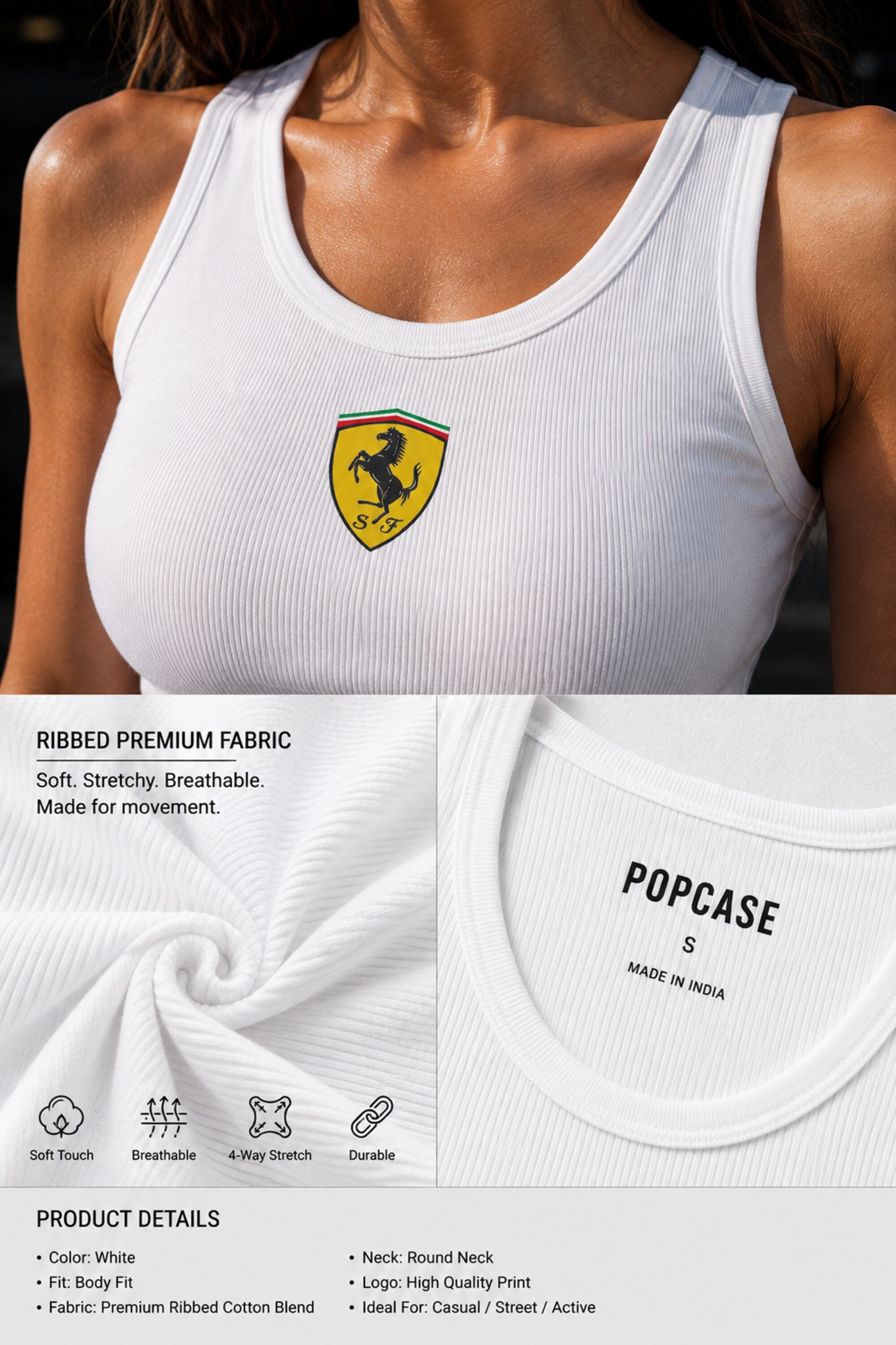 White ribbed body fit tank top with small Scuderia Ferrari prancing horse yellow shield logo on chest minimal premium cotton blend - white