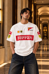 White Ferrari racing oversized tshirt with F1 team badges, Shell UPS and Scuderia horse sleeve prints, drop shoulder boxy fit, men India - white