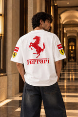 White Ferrari racing oversized tshirt with F1 team badges, Shell UPS and Scuderia horse sleeve prints, drop shoulder boxy fit, men India