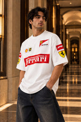 White Ferrari racing oversized tshirt with F1 team badges, Shell UPS and Scuderia horse sleeve prints, drop shoulder boxy fit, men India