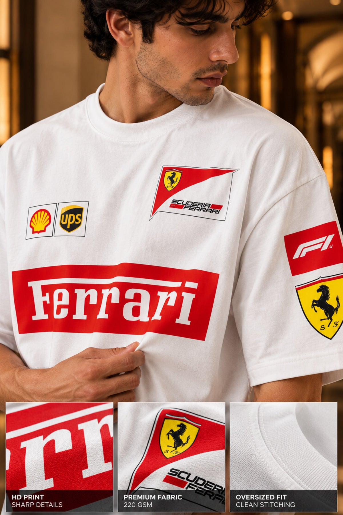 White Ferrari racing oversized tshirt with F1 team badges, Shell UPS and Scuderia horse sleeve prints, drop shoulder boxy fit, men India