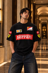 White Ferrari racing oversized tshirt with F1 team badges, Shell UPS and Scuderia horse sleeve prints, drop shoulder boxy fit, men India - black